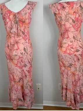 Vintage Y2K Drape Front Ruffle Flutter Sleeve V-Neck Maxi Dress Womens 10 Floral